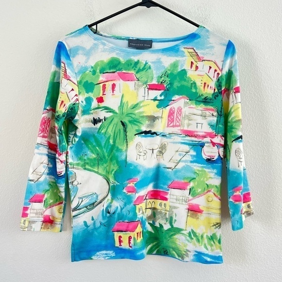 Northern Isles Coastal Village Vibrant Neon Pink Blue Quarter Sleeve Top Small - Picture 1 of 12